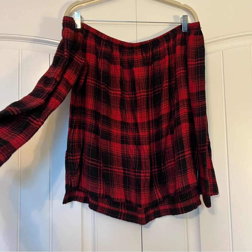 Red and black off the shoulder flannel top